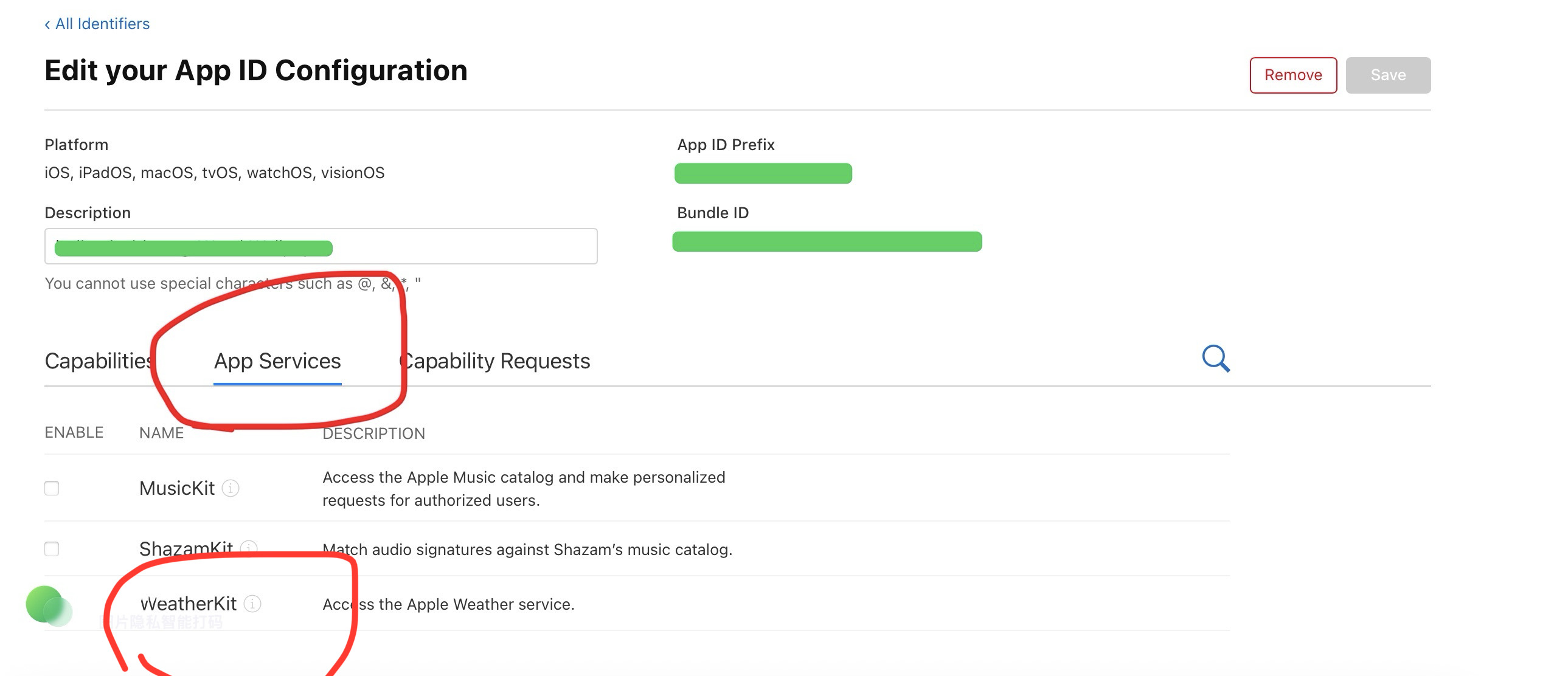 WeatherKit App Services 配置截图